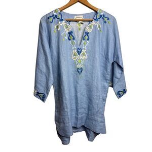 Filip + Inna Blue Linen Embroidered Tunic Top Sz. S